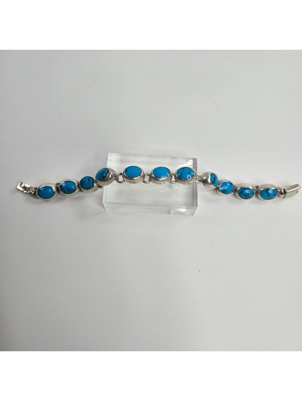 Vintage Mexico 925 Sterling Silver Turquoise Cabochon Stone Link Bracelet
